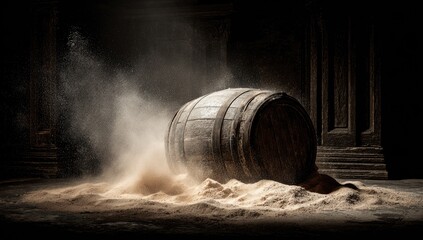 A wooden barrel spills its contents onto a dusty floor in a dimly lit, ancient room