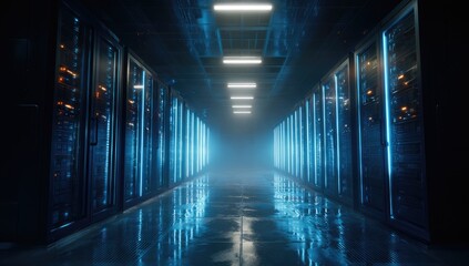 Futuristic server room with glowing blue lights and reflective floor