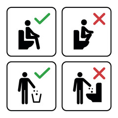 correct and incorrect postures or uses of a toilet, instructional signs, depicting things like how to sit on a water closet properly