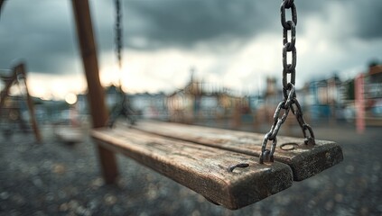 Old wooden swing set waits on a gravel playground under a dramatic cloudy sky