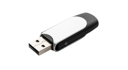 Black and silver U S B flash drive with white accent on black background storage memory, Isolated On Png Transparent Background