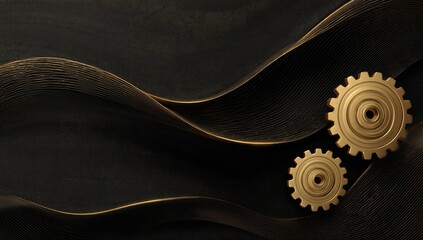 Elegant metallic gears mesh with flowing golden lines on black