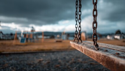 Close up of a weathered swing seat hanging from rusty chains in an empty playground