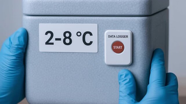 Cold chain logistic supply box container data logger start button pressed by gloved hand for medical transport storage safety control temperature