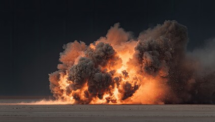 Intense explosion creates a fiery mushroom cloud against a dark sky over barren ground