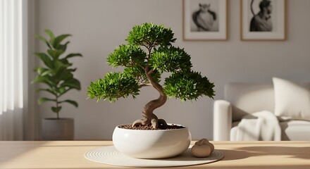 A beautifully sculpted bonsai tree sits on a wooden table in a sunlit room.