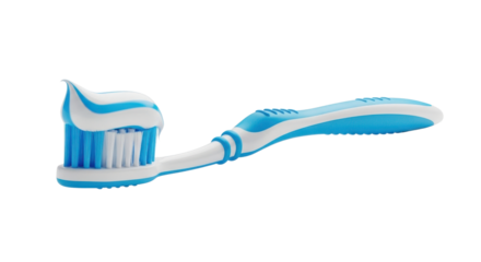 Blue and white toothbrush with toothpaste blob on black background hygiene dental, Isolated On Png Transparent Background