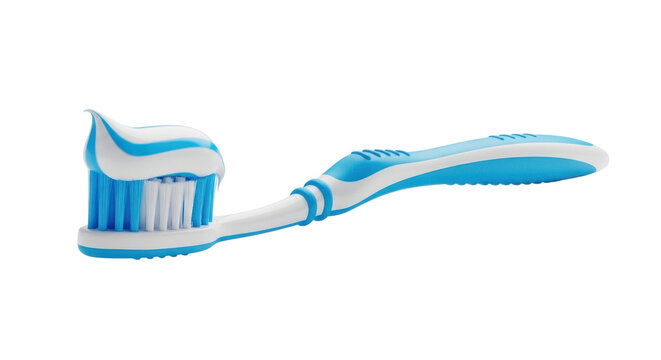 Blue and white toothbrush with toothpaste blob on black background hygiene dental, Isolated On Png Transparent Background