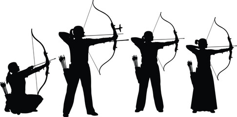 Silhouette vector illustration of archery athletes aiming with bows and arrows, showing male and female archers practicing shooting posture, sport training concept © Shuda
