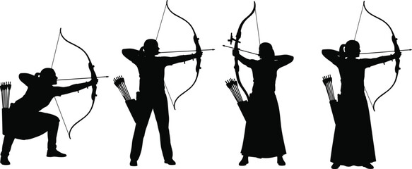 Silhouette vector illustration of archery athletes aiming with bows and arrows, showing men and women archers practicing shooting stance, accuracy training concept © Shuda