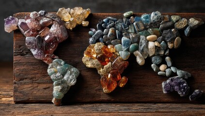 World map formed by colorful natural stones on a rustic wooden base