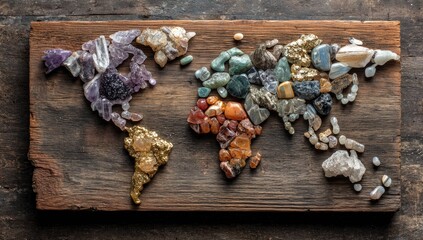 World map formed by colorful stones and minerals on wood