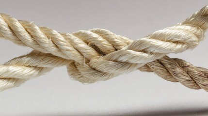 Close-up of intertwined ropes against neutral background, symbolic unity concept, textured fibers with soft directional lighting, f/5.6, abstract composition