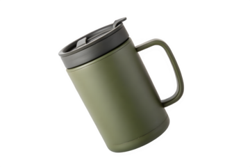 A modern green insulated travel mug with a handle and dark grey lid captured isolated on transparent background