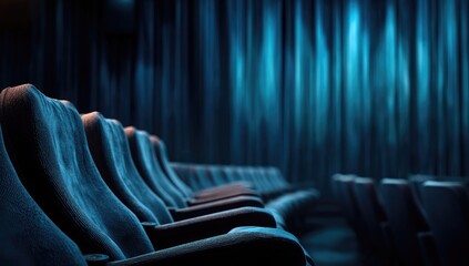 Rows of empty, plush seats in a dimly lit theater hall, bathed in blue