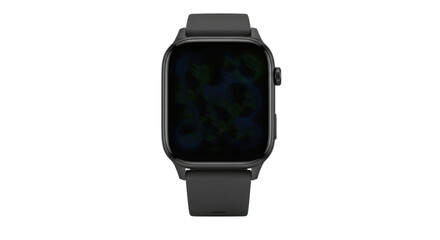 Black smartwatch displaying health and time metrics on a dark background technology gadget, Isolated On Png Transparent Background