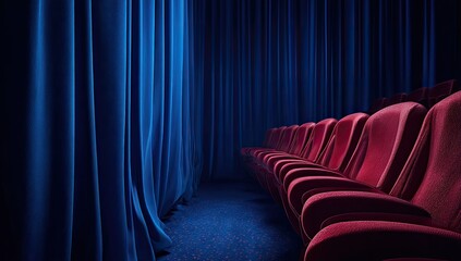 Rows of plush red seats in a dark theater, bathed in blue light