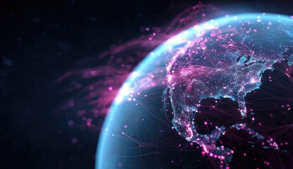 Futuristic glowing digital network overlaying a bright planet