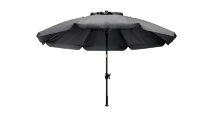 A dark gray patio umbrella with a crank lift is shown against a black background