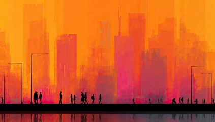 Silhouetted figures walk along a waterfront with an abstract city skyline