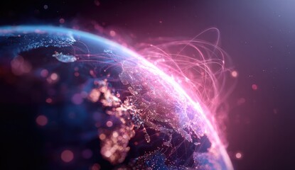 Glowing connections flow around a vibrant, illuminated planet, showcasing a networked world