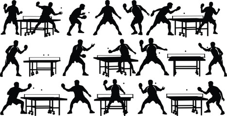 Table tennis player silhouettes vector illustration set, ping pong match action poses collection, competitive sport movements, black athlete figures with tables isolated on white background © Shoentesh