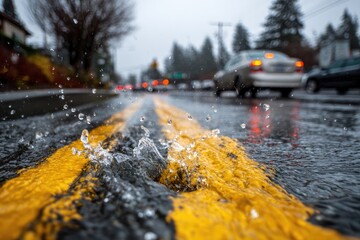 Close-up of yellow road lines with splashing water, cars blurred in background