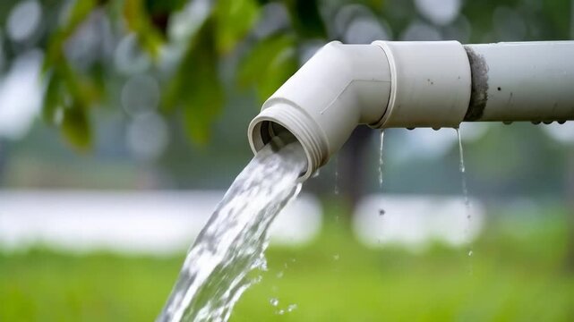 Water flows from plastic pipe outdoors.