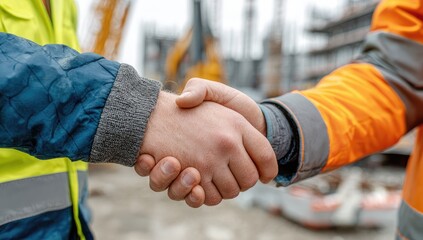 Two construction workers in high-visibility vests shake hands on a site