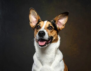 A close-up portrait shows a happy, alert mixed-breed canine with perky ears, white chest, and tri-color markings. The background is a dark, mottled brown