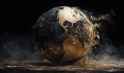 Earth fragmenting into dust and particles, with golden continents visible