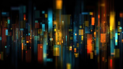Abstract digital cityscape of vibrant blue, orange, and yellow light streaks