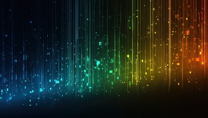 Abstract digital light streaks and particles cascade down a dark background