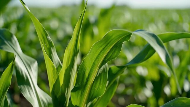 Close up of vibrant green corn stalks growing in a sunlit field.