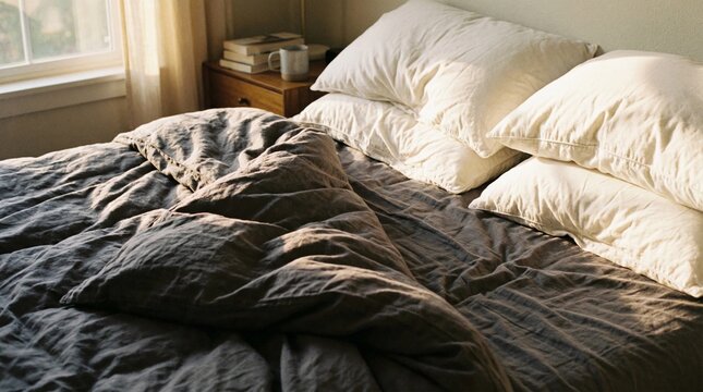 Close up detail of wrinkled grey linen bed sheets in cozy messy bedroom