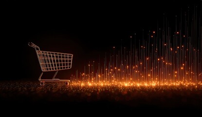 Empty shopping cart on dark background with glowing orange light streaks