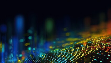 Abstract digital cityscape with blurred bokeh lights and glowing data streams