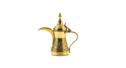 Ornate Brass Dallah Coffee Pot with Intricate Engravings on Black metal, Isolated On Png Transparent Background