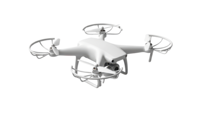 White drone quadcopter with propellers and camera on black background aerial vehicle, Isolated On Png Transparent Background