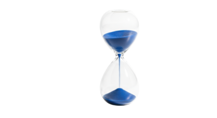 Clear glass hourglass with blue sand falling against black background time, Isolated On Png Transparent Background
