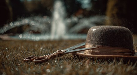 Elegant hat and ornate scissors rest on dewy grass, fountain backdrop