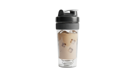 Clear plastic shaker bottle filled with iced coffee and ice cubes glass, Isolated On Png Transparent Background