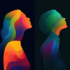 Two colorful, abstract silhouettes facing right, against dark backgrounds