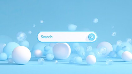 A search bar floats amidst a whimsical display of spheres and bubbles