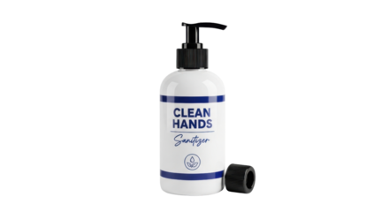 White hand sanitizer bottle with blue stripes and black pump dispenser image, Isolated On Png Transparent Background