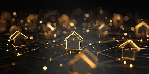 Golden digital houses form a connected network against a dark, bokeh background