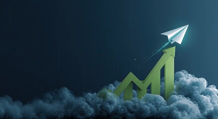 Paper airplane ascends on a rising green bar graph through clouds