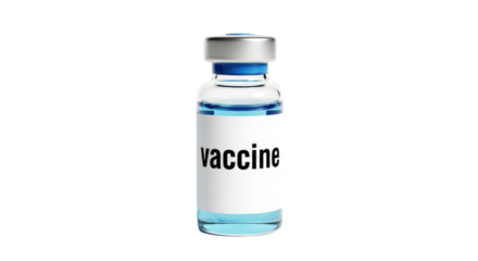 Single glass vial with blue liquid and white label reading vaccine medical health, Isolated On Png Transparent Background