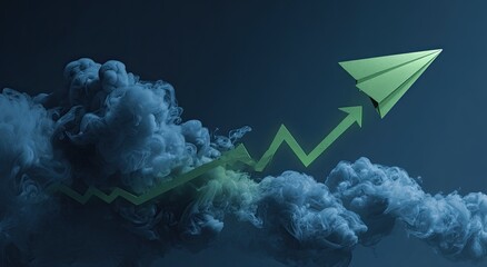 A green paper airplane ascends through dark clouds on an upward graph