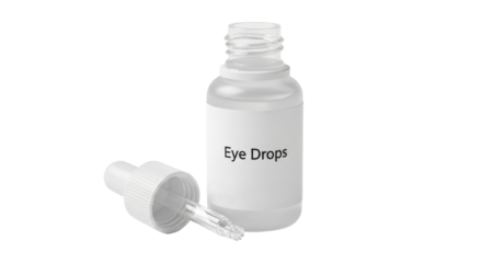 Clear plastic eye drops bottle with dropper cap and label image, Isolated On Png Transparent Background